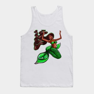 Black mermaid with rainbow fins, red locs Afro hair and brown skin. African American Mermaids Tank Top